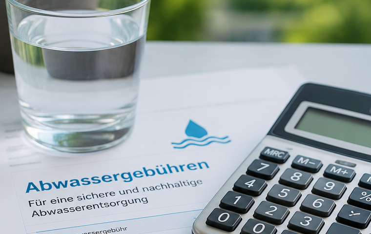 Glas Wasser, Taschenrechner und Dokument mit dem Titel Abwassergebühren.